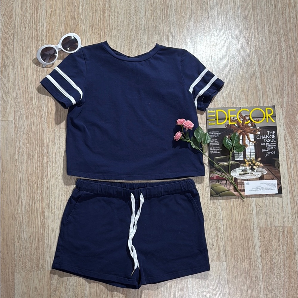 Navy Blue Two-Piece Set with White Stripes